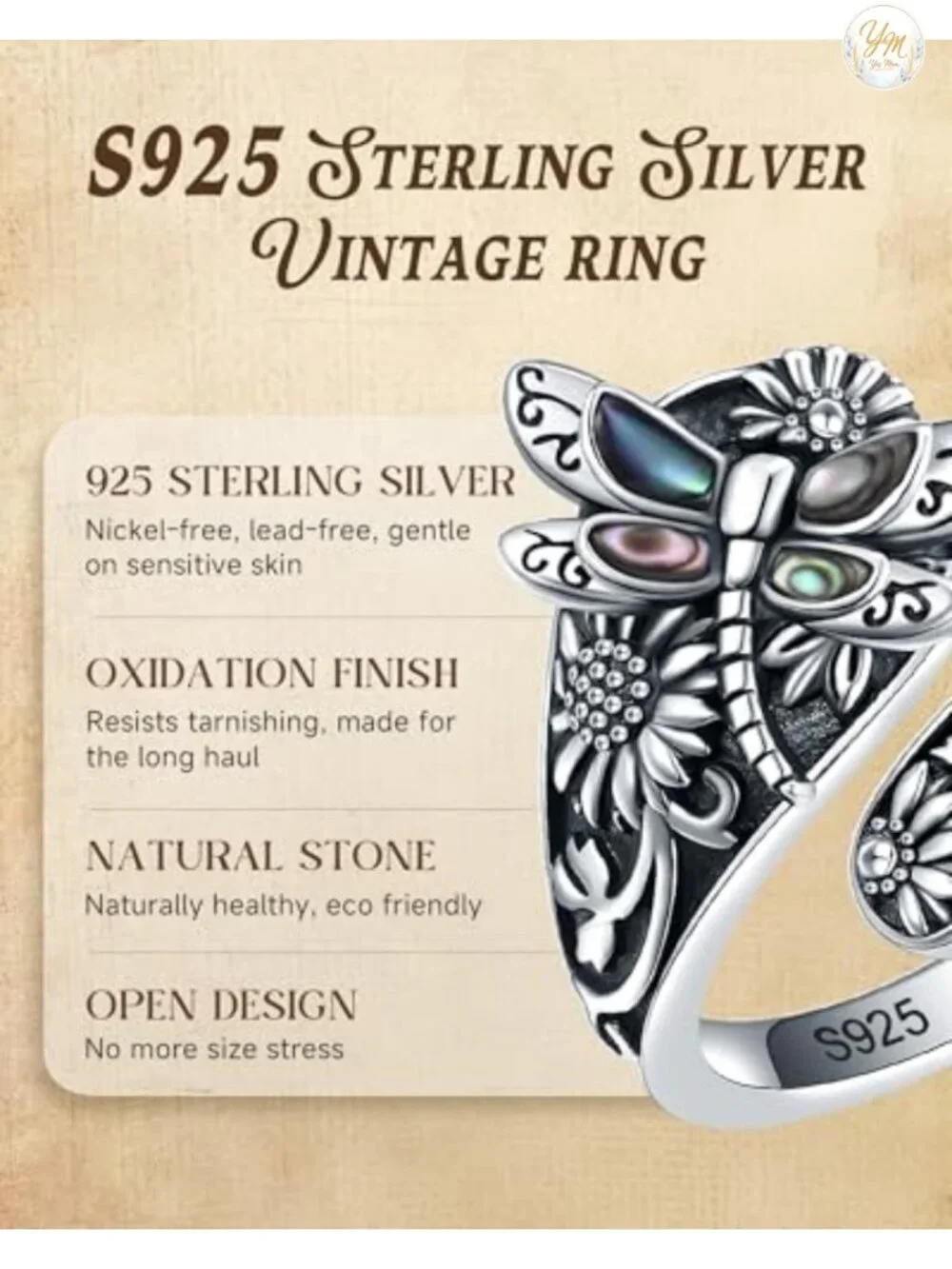S925 Sterling Silver Dragonfly Ring Turquoise Spoon Ring Vintage Wrap Ring